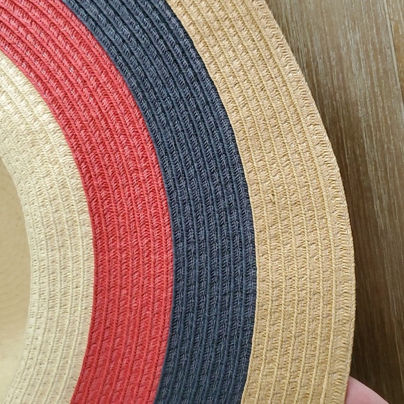 5" Wide Brim Straw Beach Hat - Tan, Red &  Blue - Picture 6 of 10